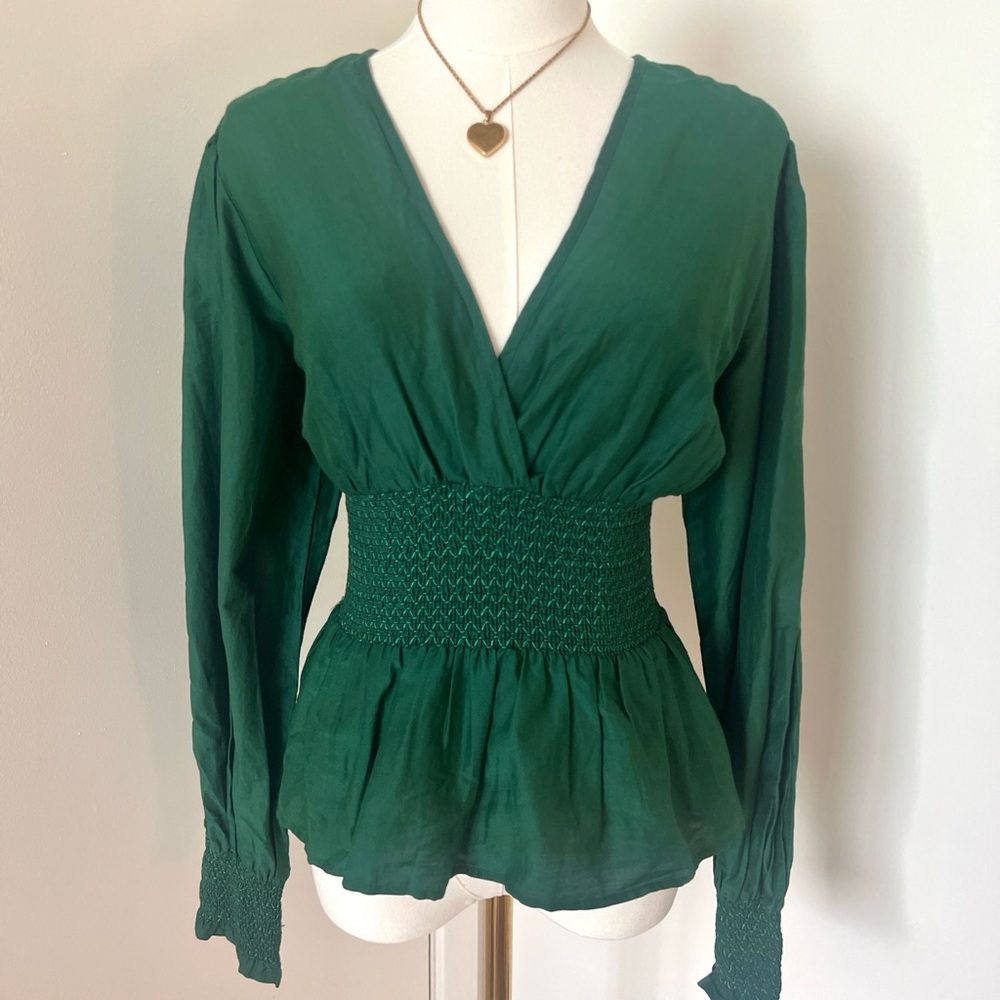 NWOT Roller Rabbit smocked peplum long sleeve v neck silk cotton blouse top